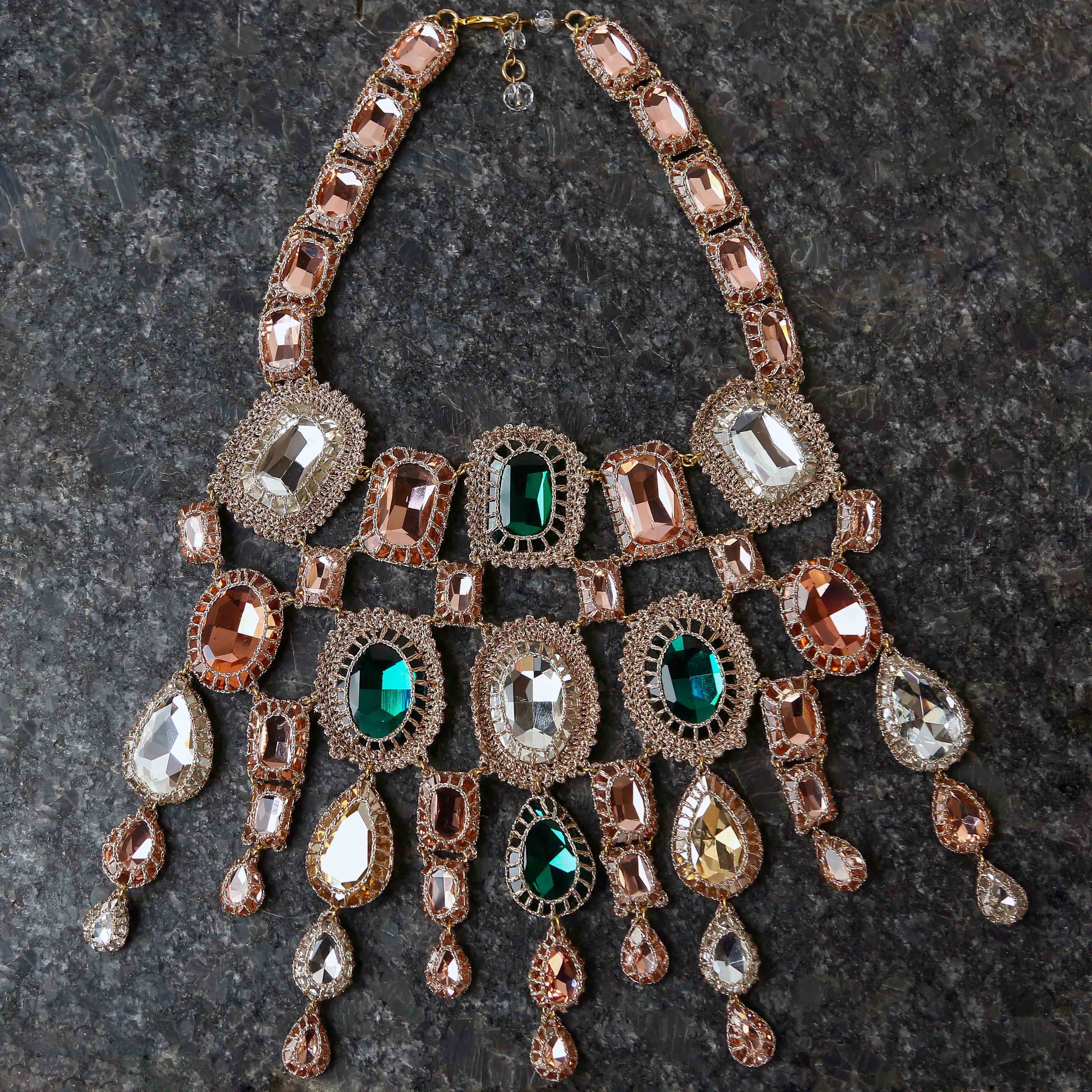 Rosalie Bib Statement Necklace in Blush, Champagne and Emerald colours.