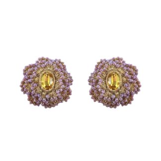 Amy Baroque Crochet Beaded Button Earrings - Purple