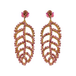 Lena Crystal Crochet Embroidered Leave Shape Statement Earrings - Pink