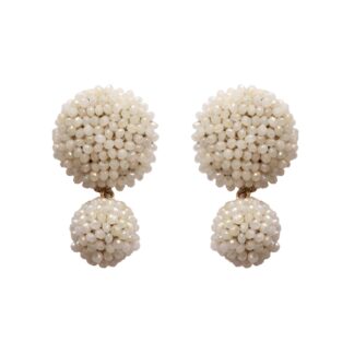 Agapi Crystal Crochet Dangler Drop Button Earrings - White